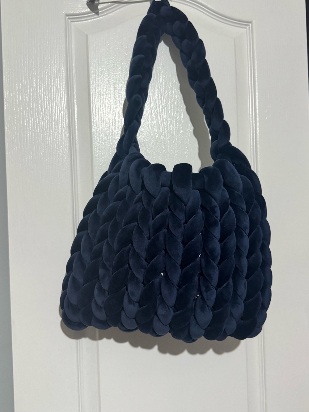 NEW Handmade Chunky Knit Crochet Trendy Velour Braided Shoulder Bag - Navy